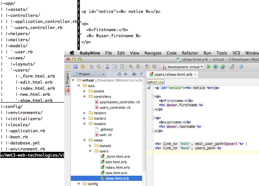 Screenshot of editor vim with NERDtree and rubymine